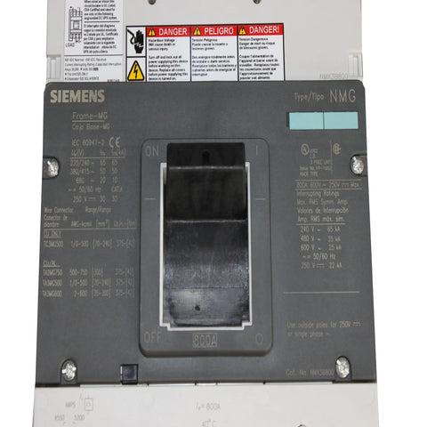Heavy Duty Three Pole Industrial Molded Case Circuit Breaker Eight Hundred Amps Four Eighty Six Hundo Thermal Magnetic Trip Nmg Frame G. Gray steel housing, rated 800A, features safety labels.