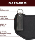 Hip Buddies Black Padded Carry Attachment For Tools, Ultra Lightweight Comfort With High Density Cushion, Fits Any Bag Up To 7.5 Inches Wide, Made In USA Since 1980, showing pad features and suspender loops.
