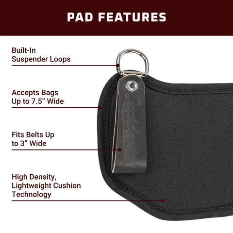 Hip Buddies Black Padded Carry Attachment For Tools, Ultra Lightweight Comfort With High Density Cushion, Fits Any Bag Up To 7.5 Inches Wide, Made In USA Since 1980, showing pad features and suspender loops.