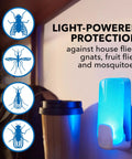 Flying Insect Light Trap Starter Kit With Easy Plug In Device And Replacement Cartridge Kid Friendly And Pet Safe Chemical Free Home Insect Control Light Powered Attraction For Any Room shown mounted on wall near a coffee cup.