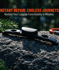 Luggage Repair Button And Replacement Pull Handle Fix Broken Suitcase Grips With Ease Solid Black Plastic on a rock backdrop.