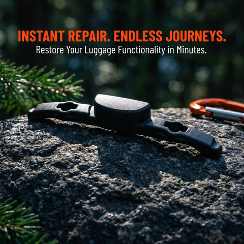 Luggage Repair Button And Replacement Pull Handle Fix Broken Suitcase Grips With Ease Solid Black Plastic on a rock backdrop.