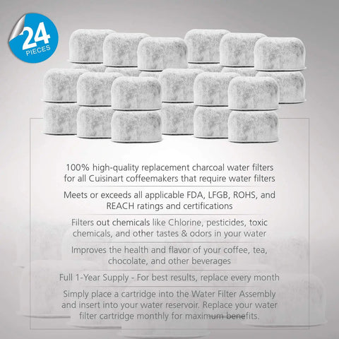 Pack Of 24 Replacement Charcoal Water Filters For Coffee Machines That Remove Chlorine Odors And Impurities Display
