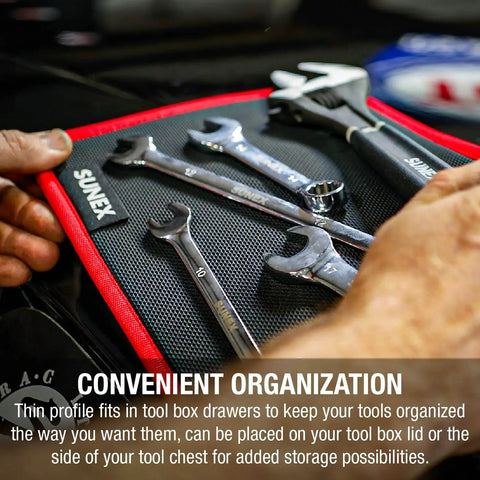 Flexible Magnetic Mat And Organizer For Tools 8 By 10 Inches Holds Up To 40 Pounds Ideal For Engine Bays Workbenches And Garage Organization For Quick On The Go Tool Storage Durable Heavy Duty Setup showing wrenches
