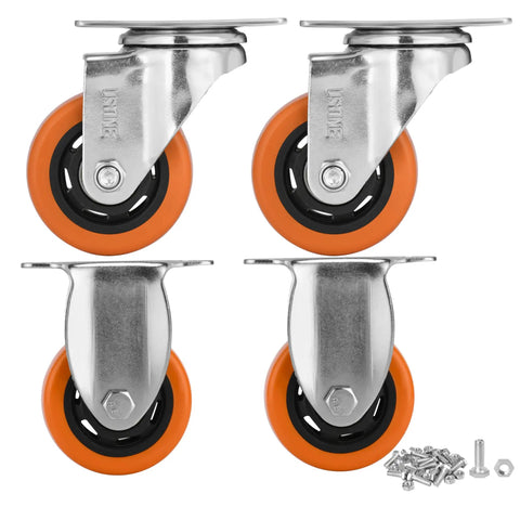 Heavy Duty 3 Inch Caster Wheels Set Of 4 With 2 Swivel And 2 Rigid Ball Bearing Casters built tough, featuring orange wheels and mounting hardware.