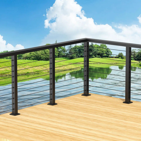 36 Inch Cable Railing Corner Post Three Side Drilled Surface Mount End Post For 90 Degree Turns Stainless Steel Black Handrail Corner Post For Cable Railing Kits Model BL05-CP installed on deck