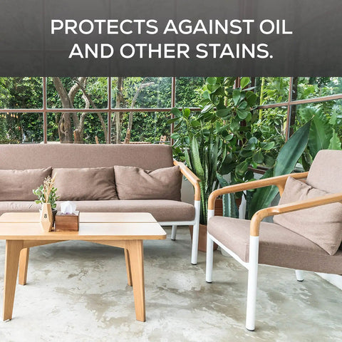 Outdoor patio with brown furniture protected by 1 Gal Stone Plus Gloss Clear Acrylic Sealer For Indoor And Outdoor Use, Satin Finish