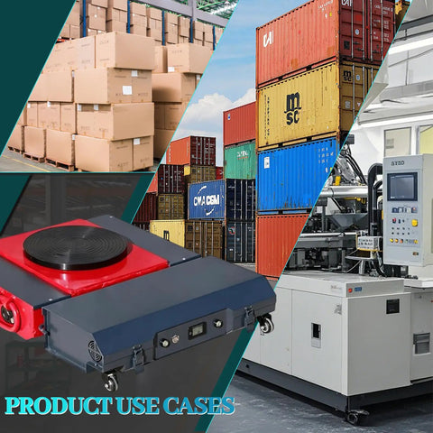 Heavy Duty Electric Machinery Skate That Lets You Glide Heavy Equipment With Ease, Featuring Smart 6-Channel Wireless Industrial Remote in use with containers.