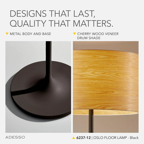 Scratch Resistant Matte Black Floor Lamp with Tulip Base and Striped Shade, Scandinavian Inspired Minimalist Design