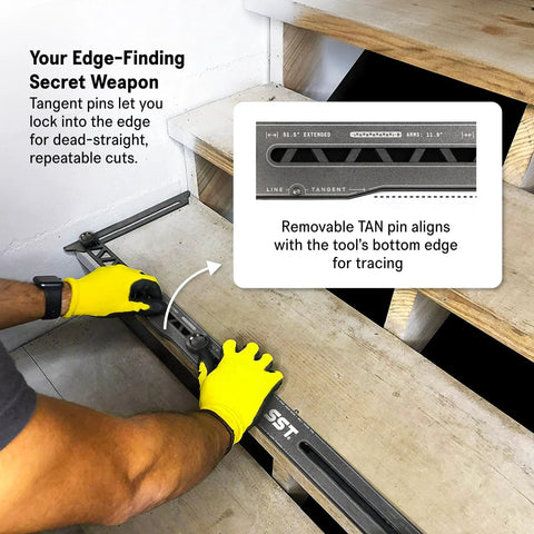 Person using Stair Gauge And Layout Tool Pro Grade For Accurate Angles Lengths And Edges Heavy Duty CNC Aluminum Build on staircase