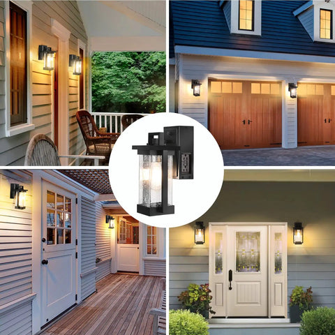 Dusk To Dawn Outdoor Light With GFCI Outlet Bubble Glass Exterior Wall Mount Fixture illuminating various porches and garages