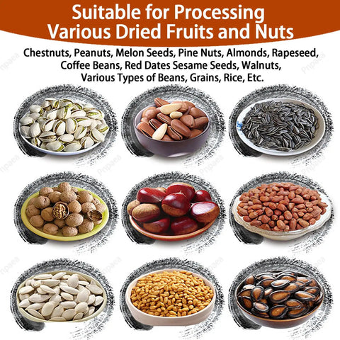 Variety of nuts and seeds including chestnuts, peanuts, and coffee beans, suitable for No Fuss Commercial Electric Coffee Bean And Nut Roaster With Adjustable Temperature Timing Control For Fresh Batch Peanuts Cashews Sesame Chestnuts Smooth Drum Design Game Changer Kitchen Upgrade.