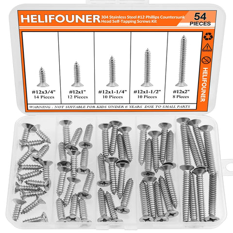 Workhorse Gauge 12 Wood Screws Assortment Kit, 54 Piece 304 Stainless Steel Phillips Countersunk Fasteners set in transparent case.