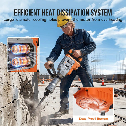 Heavy Duty Electric Jack Hammer Delivers 1700 Watts Of Knockout Punch At 1900 Bpm to efficiently break concrete with cooling system.