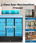 Heavy Duty 70 Cubic Foot Commercial Freezer With Swinging Glass Doors And Led Top Panel Upright Reach In Merchandiser Cabinet black with three glass doors.