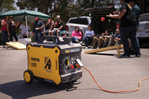 3500 Watt Portable Inverter Generator with Quiet Technology and CO Shield at outdoor tailgating event, 2300 running watts
