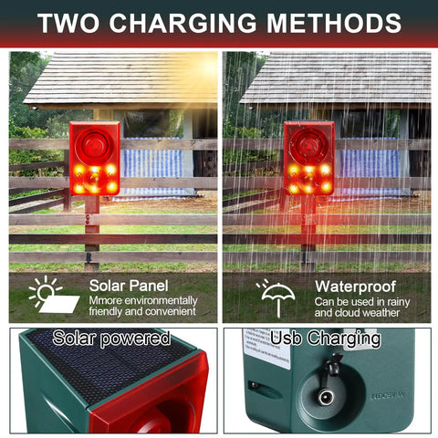 Two Pack Solar Outdoor Motion Sensor Alarm Deterrent With Gunshot Sound And Barking 130dB Loud Noise Maker, solar and USB charging.