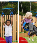 Children playing on trapeze bar and belt swings of Backyard Playground Swing Set With Monkey Bar And Belt Swings For Kids, Outdoor Playset.