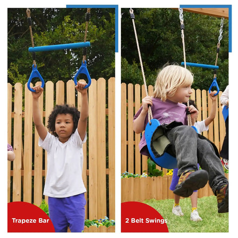 Children playing on trapeze bar and belt swings of Backyard Playground Swing Set With Monkey Bar And Belt Swings For Kids, Outdoor Playset.