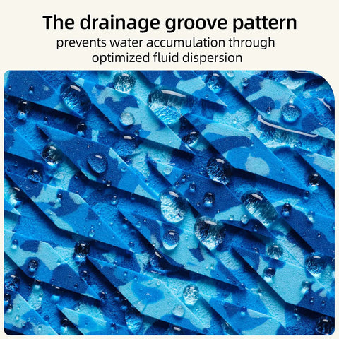 Close-up of drainage grooves on camo EVA boat flooring self adhesive non slip decking mat, showing blue camouflage pattern.