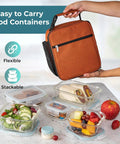 Person holding lunch bag with 35 Piece Glass Food Storage Set With Airtight Lids For Easy Meal Prep BPA Free Leak Proof Bento Boxes