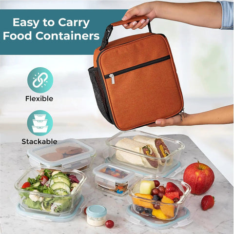 Person holding lunch bag with 35 Piece Glass Food Storage Set With Airtight Lids For Easy Meal Prep BPA Free Leak Proof Bento Boxes