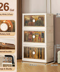 Rolling Collapsible Storage Bins with Lids and Wheels, 3 Pack Stackable Plastic Folding Boxes, 26 Gal in milky white.