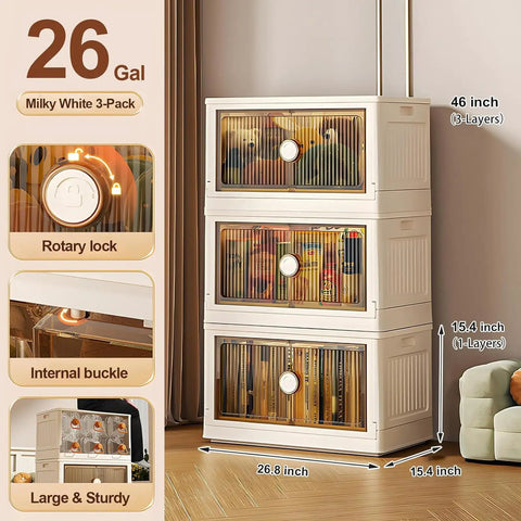 Rolling Collapsible Storage Bins with Lids and Wheels, 3 Pack Stackable Plastic Folding Boxes, 26 Gal in milky white.