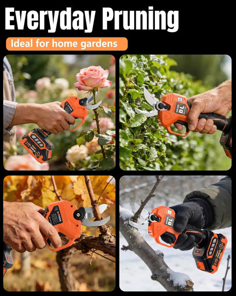 Cordless Electric Pruning Shears With Dual Cutting Modes Up To 1.6 Inches used in garden trimming flowers and branches.