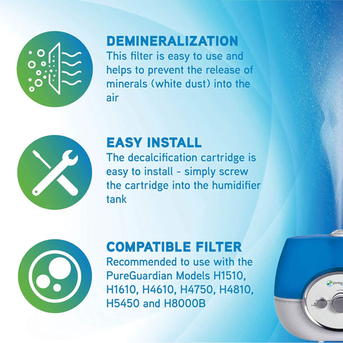 Humidifier Demineralization Filter Cartridge 1 Prevents Mineral Dust And White Dust Easy Screw On Fit Lasts Up To 1000 Hours White FLTDC Replacement infographic with installation and compatibility details.
