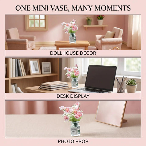 2 Pcs Pink Miniature Flower Vase Set With One Sixth Scale Straight Up Killer Details For Dollhouse Decor Fairy Garden And Diorama Accessory featuring chic display in dollhouse and desk settings.