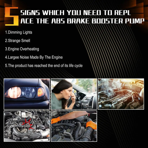 Image showing five signs to replace ABS brake booster: dimming lights, strange smell, engine issues, noise, end of life cycle.