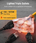 Lighted triple tap of 45 Foot Retractable 12 Gauge Extension Cord Reel With 3 Conductor SJTOW Heavy Duty Power Cable