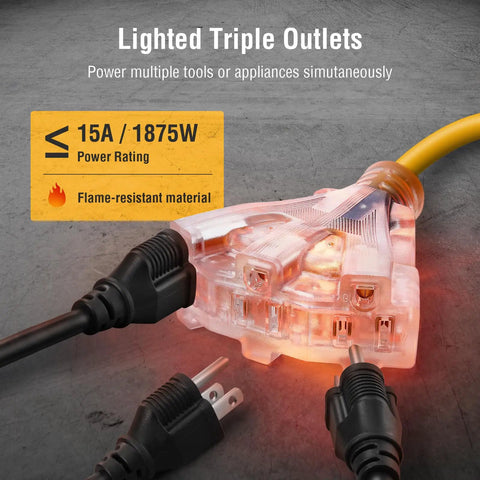 Lighted triple tap of 45 Foot Retractable 12 Gauge Extension Cord Reel With 3 Conductor SJTOW Heavy Duty Power Cable
