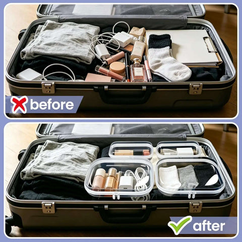Total Game Changer Clear Hard Shell Travel Organizer Six Pack with Heavy Duty Zipper Seal for Toiletries cosmetics tech cables and daily essentials organized in suitcase