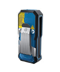 Back view of Super Handy 165 Foot Blaze Laser Distance Measure with belt clip showing rugged design and warning labels.