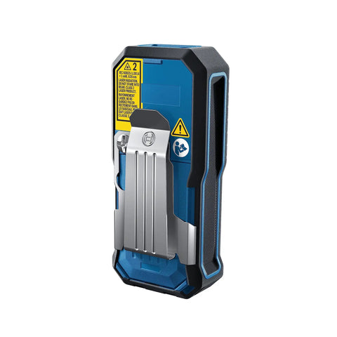 Back view of Super Handy 165 Foot Blaze Laser Distance Measure with belt clip showing rugged design and warning labels.
