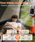 Man sleeping in tent with Cordless Portable Standing Fan With 20000mAh Battery, LED Lantern And Remote, Four Speed Settings