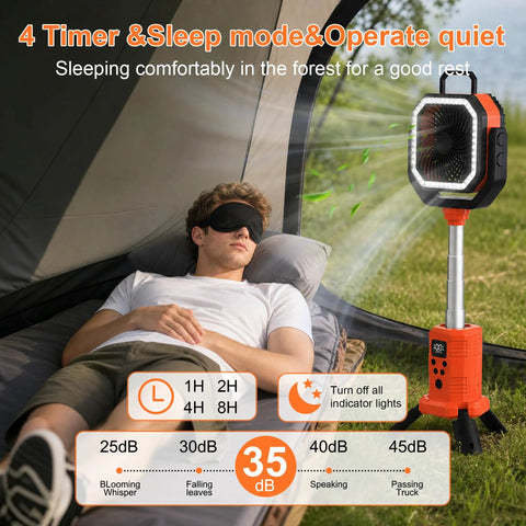 Man sleeping in tent with Cordless Portable Standing Fan With 20000mAh Battery, LED Lantern And Remote, Four Speed Settings