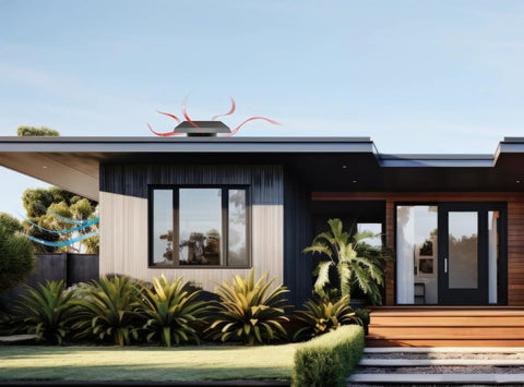 Top Tier Heavy Workhorse Roof Mount Whole House Fan For Flat Roofs With Zero Attic visible on modern home roof.