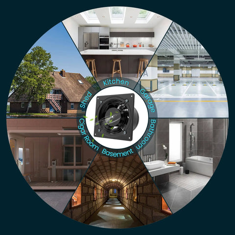 Circular image showing 6 Inch Exhaust Fan For Kitchen Bathroom Attic And Garage With 308 CFM Wall Mount Vent Metal Extractor scene.