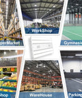 High Bay LED Light 21735LM 161W 2FT 5000K for Warehouses, Workshops, Gyms, Shops, shown in various industrial settings