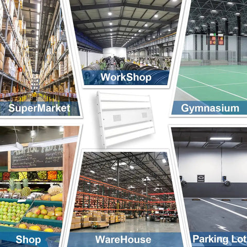 High Bay LED Light 21735LM 161W 2FT 5000K for Warehouses, Workshops, Gyms, Shops, shown in various industrial settings