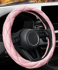 Sweet Baby Pink Steering Wheel Cover Soft Microfiber Leather Universal 15 Inch Thick Quilted Non Slip Pad installed on car steering wheel.
