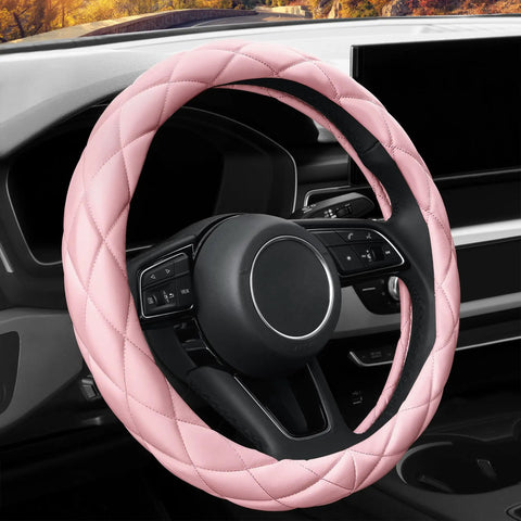 Sweet Baby Pink Steering Wheel Cover Soft Microfiber Leather Universal 15 Inch Thick Quilted Non Slip Pad installed on car steering wheel.