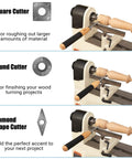 Carbide Mini Turning Tool Set for Wood Lathe 3 Piece showing square, round, and diamond cutters with comfort grip handles on lathe