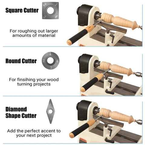 Carbide Mini Turning Tool Set for Wood Lathe 3 Piece showing square, round, and diamond cutters with comfort grip handles on lathe