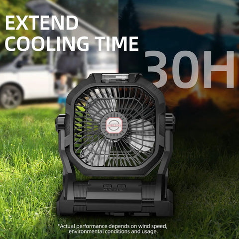 Rechargeable Camping Fan With 20000mAh Battery, LED Light, Hook in front of car with extend cooling time text