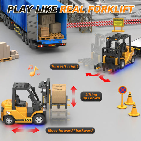 Newest 2026 Dope One Sixty Four Scale RC Forklift Toy With Trailer shown maneuvering pallets with realistic actions.