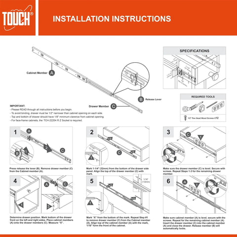 Installation instructions for 8 Inch No Slam Soft Close Drawer Slides Set Heavy Duty Side Mount Ball Bearing Rails